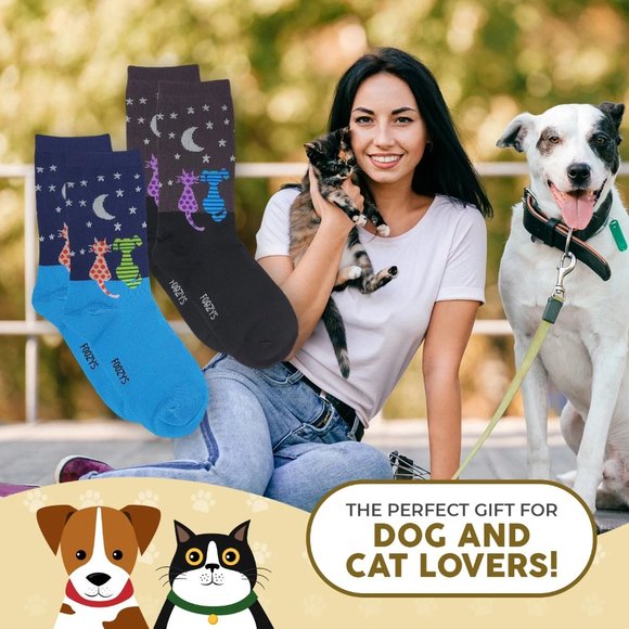 Cat Dog Stargazing Stars Kitten Puppy Animal Women's Foozys 2 Pairs Socks 9-11 - Picture 3 of 5